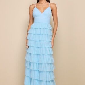 Lulus Radiant Event Light Blue Mesh Tiered Pleated Backless Maxi Dress - Size L